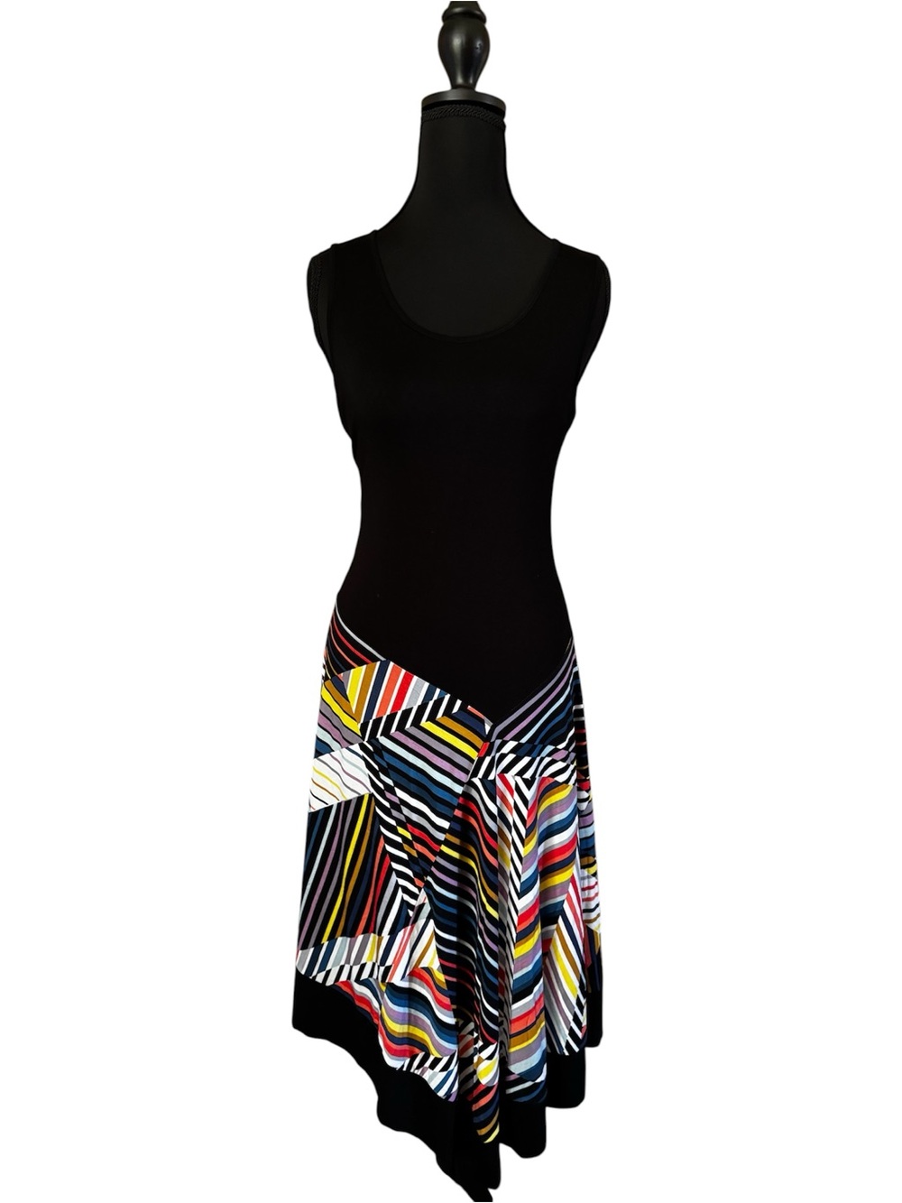 Spense Black Tank Asymmetric Dress with Multicolor Geometric Print. SZ M NWT